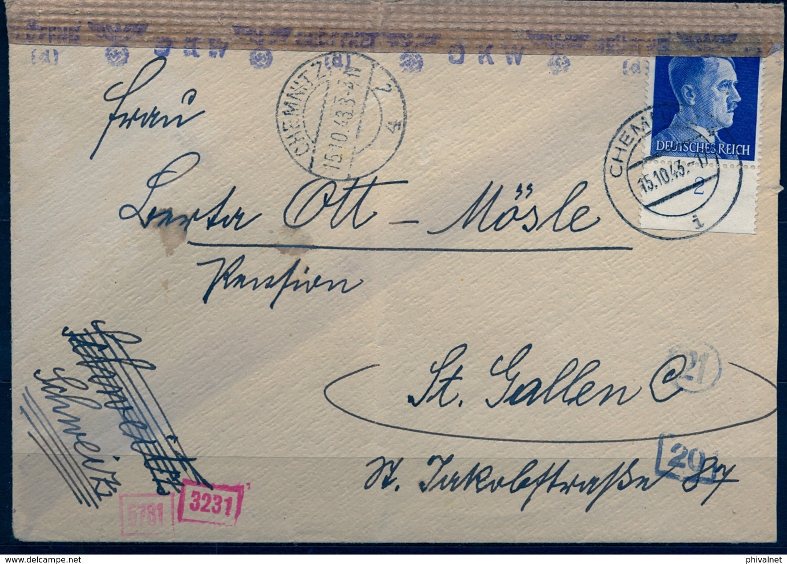 1943 , ALEMANIA , CHEMNITZ - ST. GALLEN , CORREO CENSURADO - Cartas & Documentos