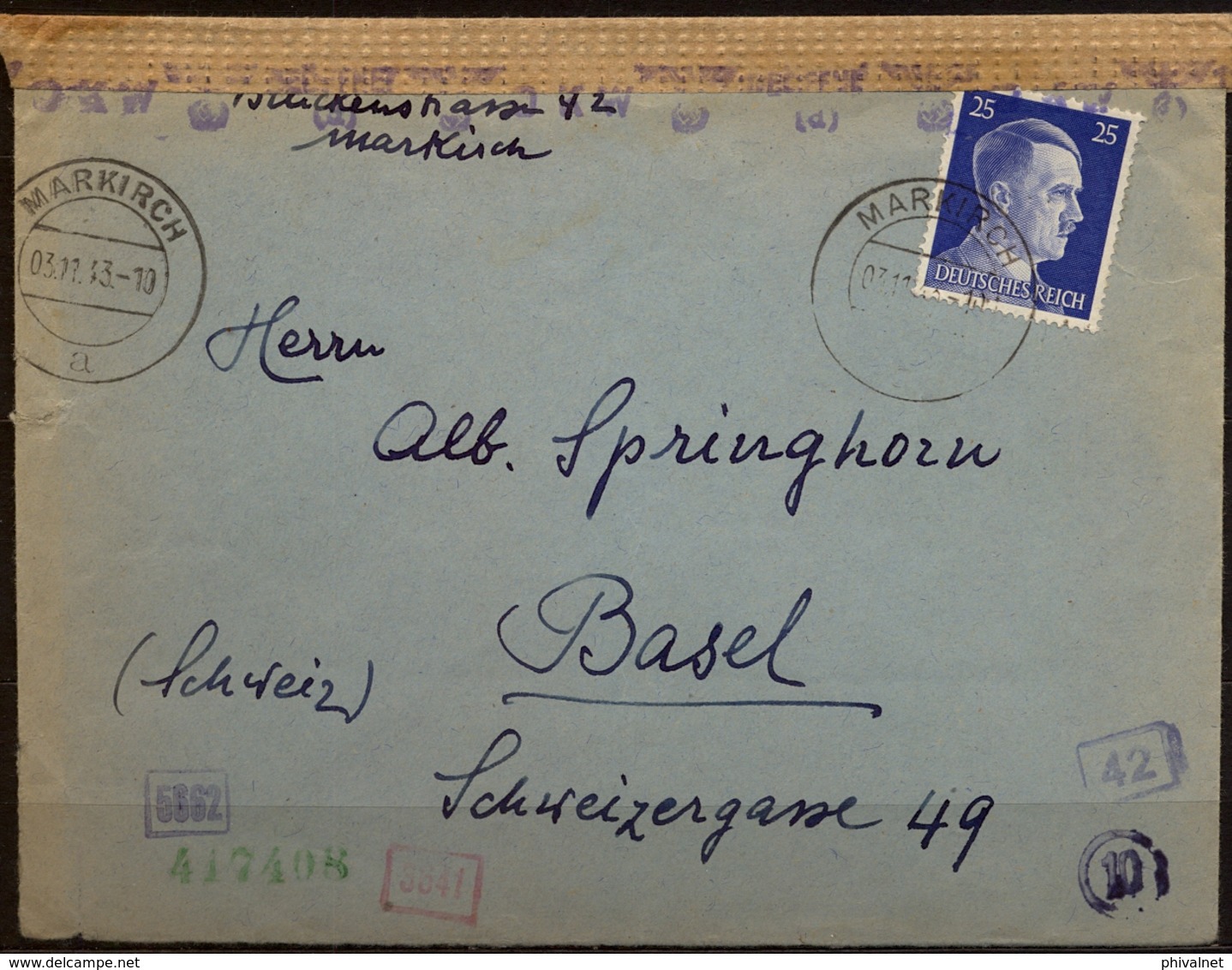 1943 , ALEMANIA , MARKIRCH - BASILEA , CORREO CENSURADO - Cartas & Documentos