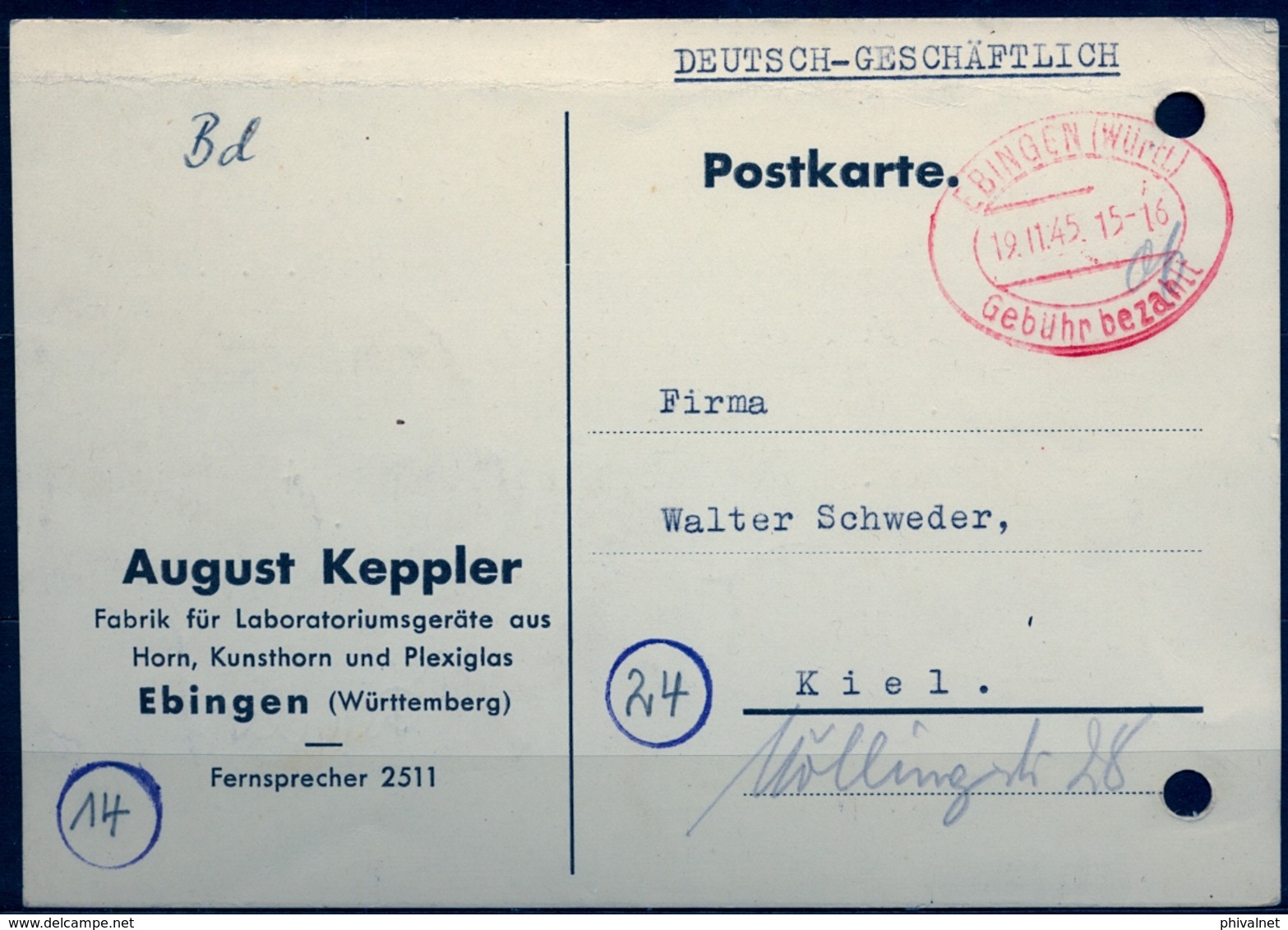 1945 , ALEMANIA ,  TARJETA COMERCIAL EBINGEN - KIEL , MARCA DE FRANQUEO PAGADO - Cartas & Documentos