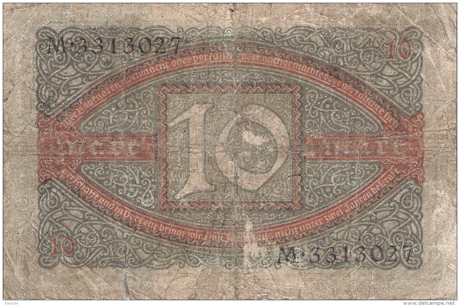 10 Mark Reichsbanknote M 3313027 - 10 Mark