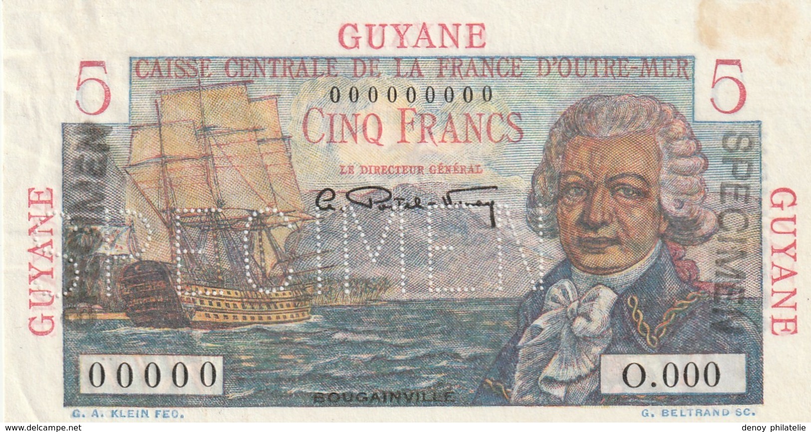 Guyane  Billet De 5 Francs Speimen Bouginville RRR - Guyane Française