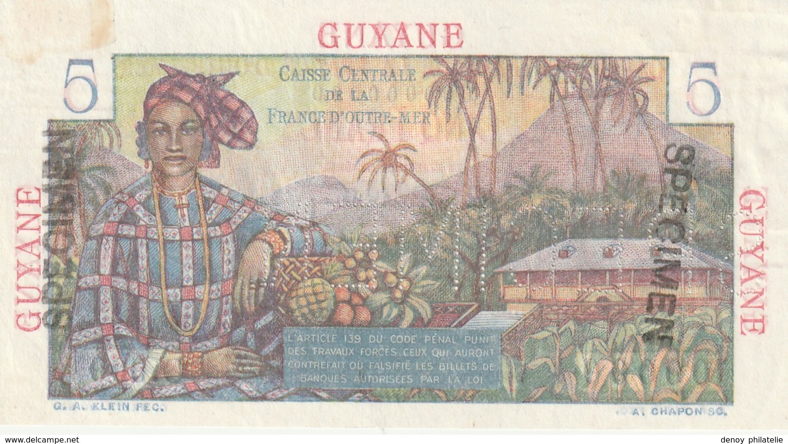 Guyane  Billet De 5 Francs Speimen Bouginville RRR - French Guiana