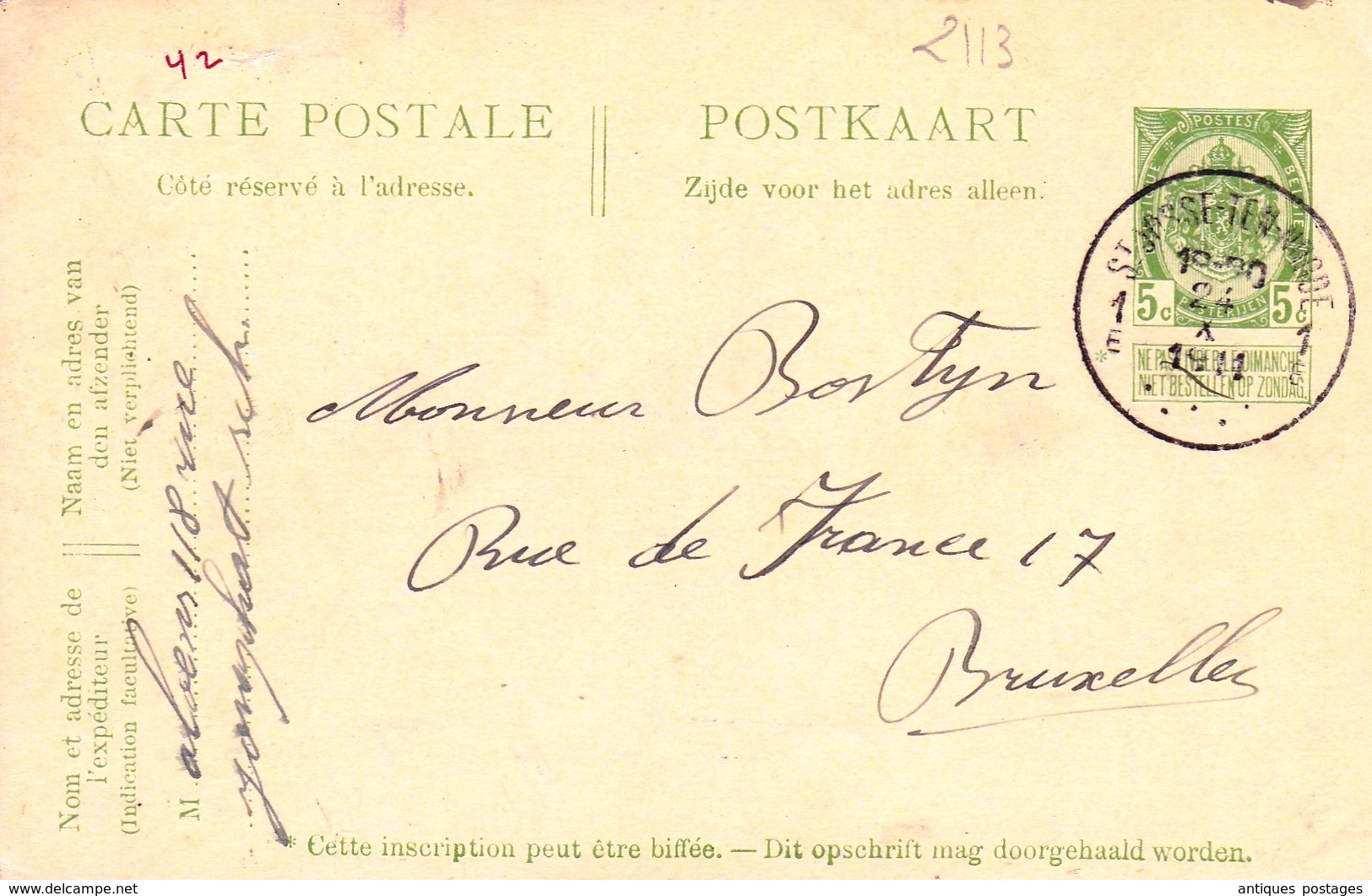 Entier Postal Saint-Josse-ten-Noode 1911 Belgique Sint-Joost-ten-Node - Postcards 1909-1934