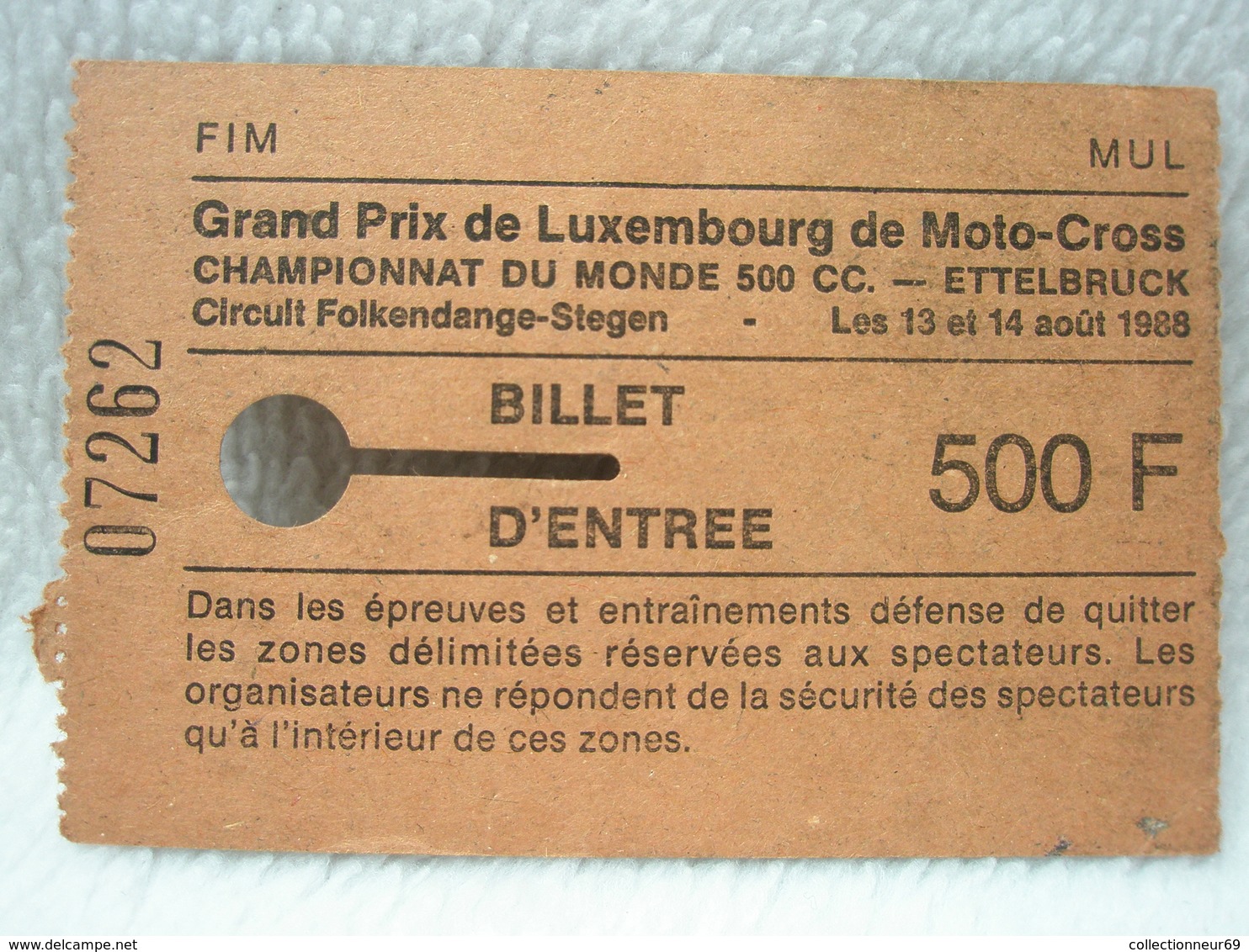 Ticket Du Grand Prix De Luxembourg De Moto-Cross Championnat Du Monde 500 CC ETTELBRUCK 1988 - Tickets D'entrée