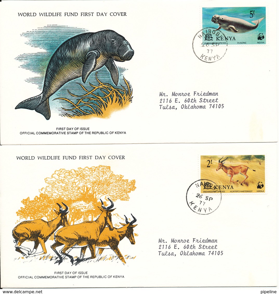 Kenya FDC 26-9-1977 Set Of 2 Stamps With WWF PANDA On 2 WWF Covers With Cachet - FDC