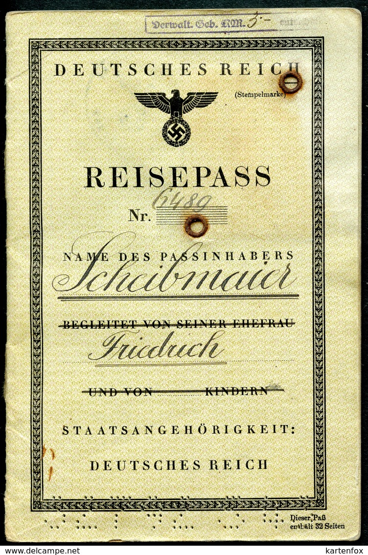 Reisepass, Deutsches Reich, 4.11.1943, WW2 1939 – 1945, Innsbruck, Verlängerung,Sichtvermerk,Arco, - Historische Dokumente