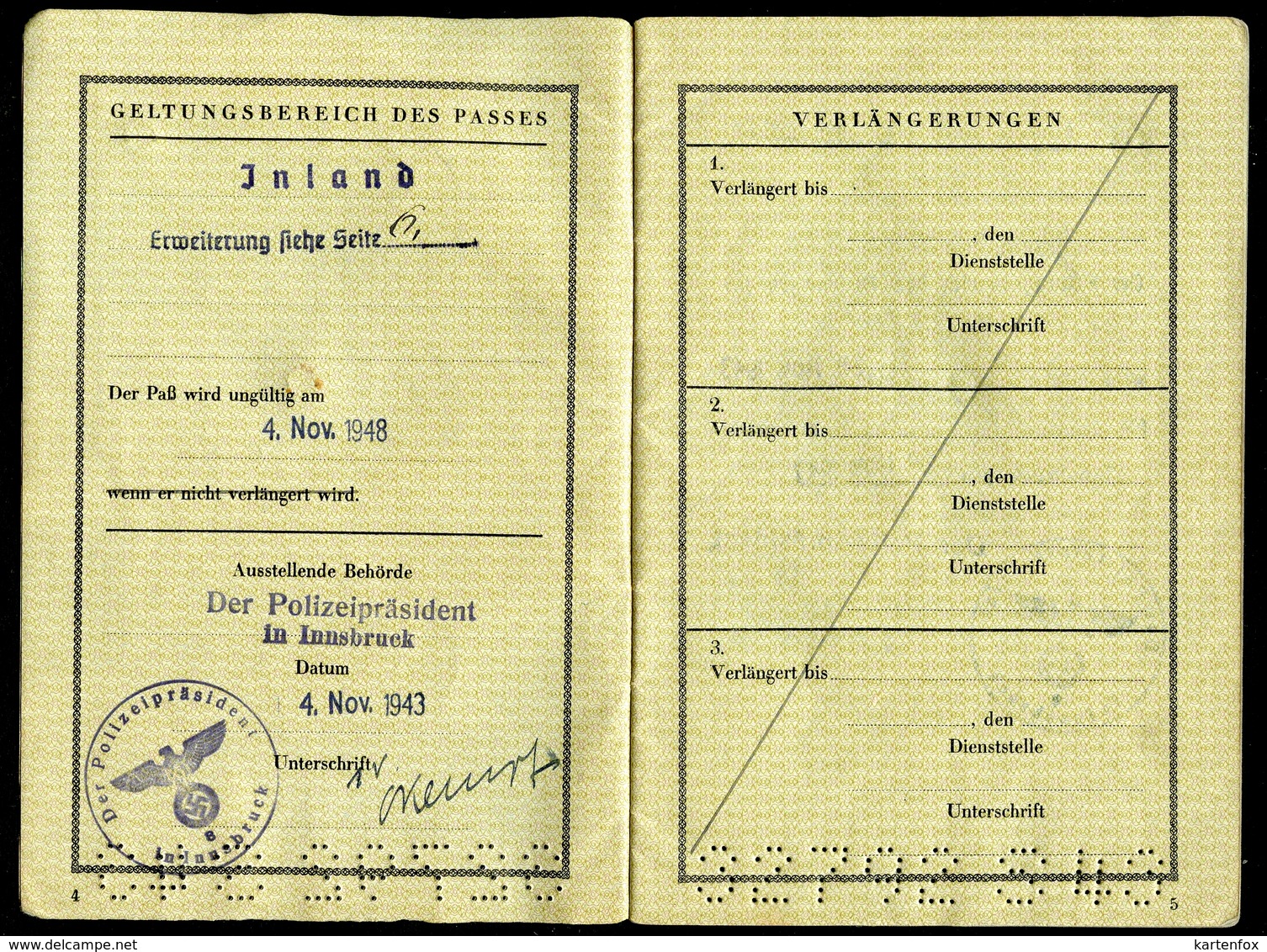 Reisepass, Deutsches Reich, 4.11.1943, WW2 1939 – 1945, Innsbruck, Verlängerung,Sichtvermerk,Arco, - Historische Dokumente