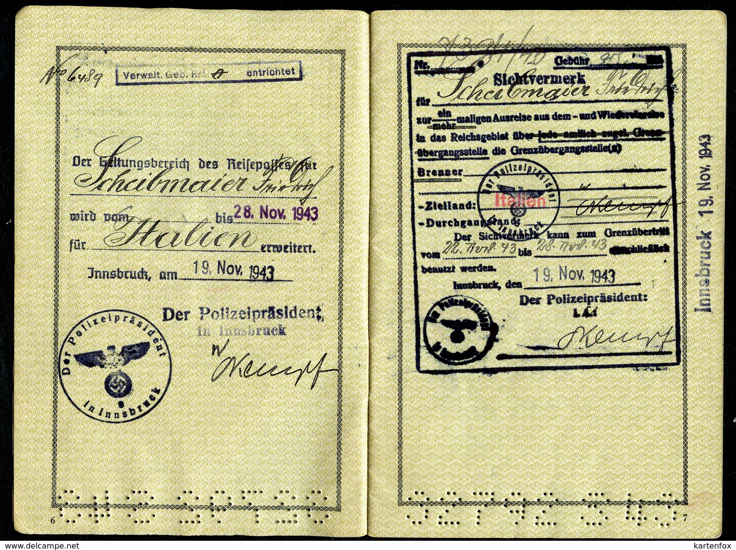 Reisepass, Deutsches Reich, 4.11.1943, WW2 1939 – 1945, Innsbruck, Verlängerung,Sichtvermerk,Arco, - Historische Dokumente