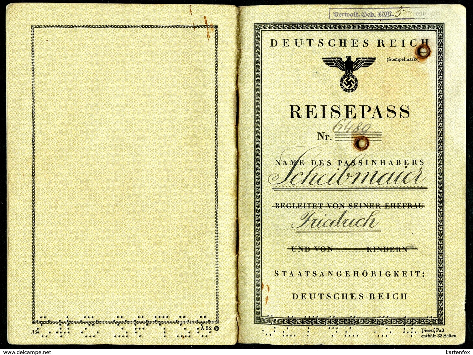 Reisepass, Deutsches Reich, 4.11.1943, WW2 1939 – 1945, Innsbruck, Verlängerung,Sichtvermerk,Arco, - Historische Dokumente