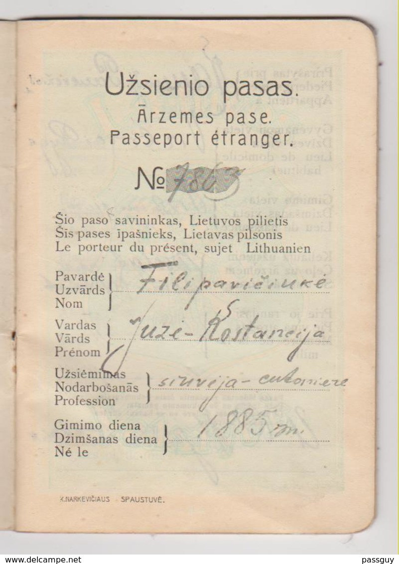 LITHUANIE  Passeport 1923 LITHUANIA Passport – Reisepaß – Fiscaux/Revenues - Documents Historiques