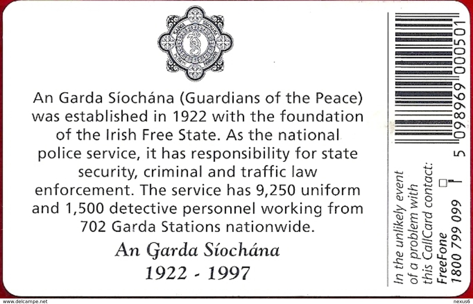 Ireland - Eircom - An Garda Siochana 1922 - 1997 - 50Units, 11.1997, 50.000ex, Used - Ireland