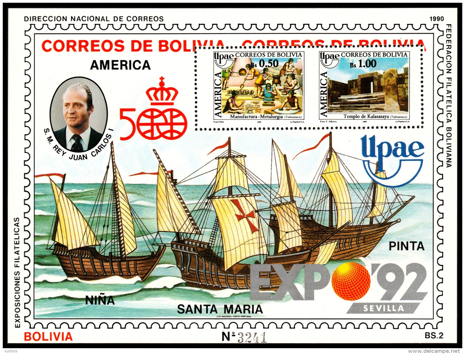 ~~~ Bolivia 1990 - UPAEP America Ships  Top Block ! - Mi. Bl. 188 ** MNH OG - CV 50.00 Euro  ~~~ - Bolivië