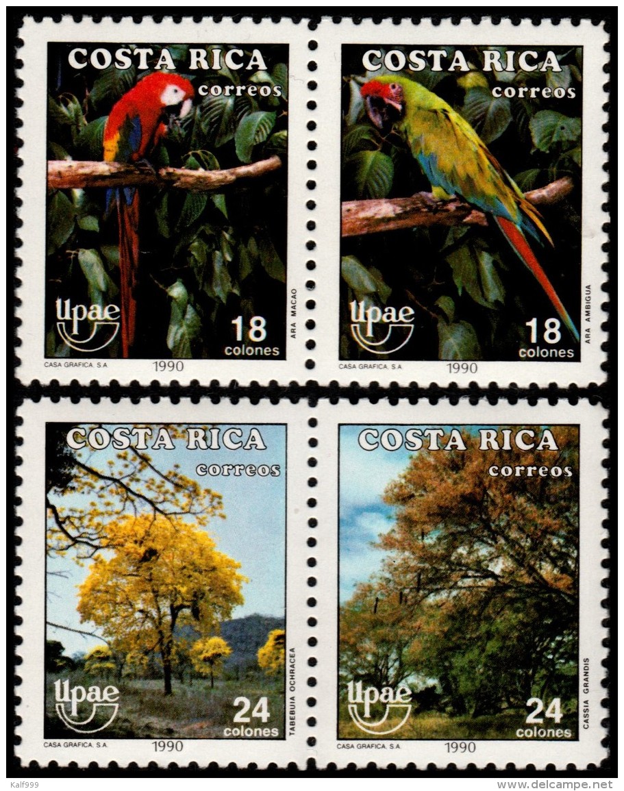 ~~~ Costa Rica 1990 - UPAEP Fauna Birds Parrot - 2 Pairs - Mi. 1381/1384 ** MNH OG ~~~ - Costa Rica