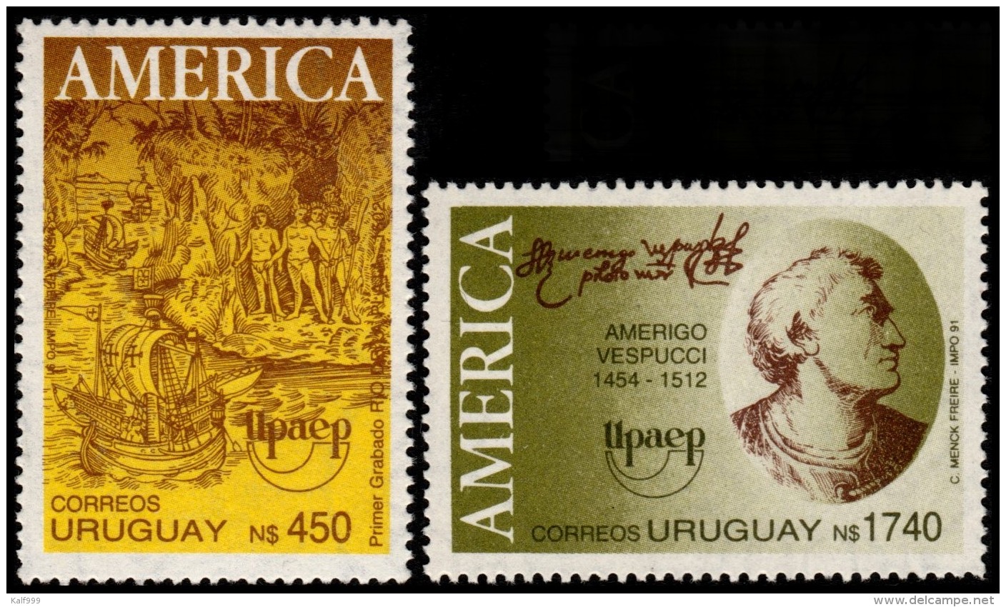 ~~~ Urugauy 1991 - UPAEP America Vespucci  And Ship - Good Set - Mi. 1921/1922 ** MNH OG ~~~ - Uruguay