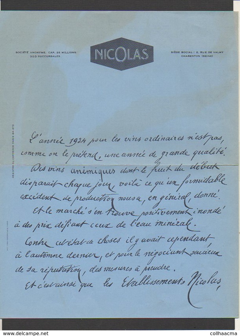 Publicité / 1934 Lettre Commerciale Ouverte Aux Clients Et Consommateurs Des Vins "Nicolas" De Charenton - Publicités