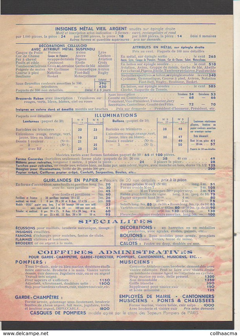 Publicité / 1955 Tarifs Petit équipement Militaire Et Administratif  "Albert Benayoun" à Melun (Drapeaux,écharpes,etc. - Publicités