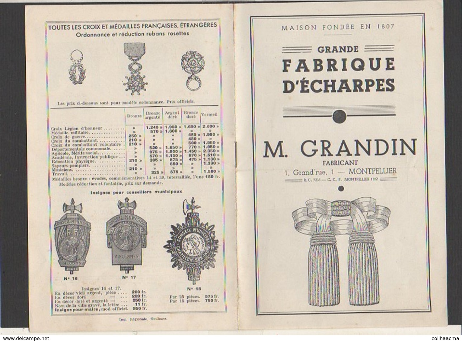 Publicité Env.1925 Catalogue Fabrique Echarpes,Drapeaux,Médailles,équipement Corbillards "M. Grandin" à Montpeller" - Publicités