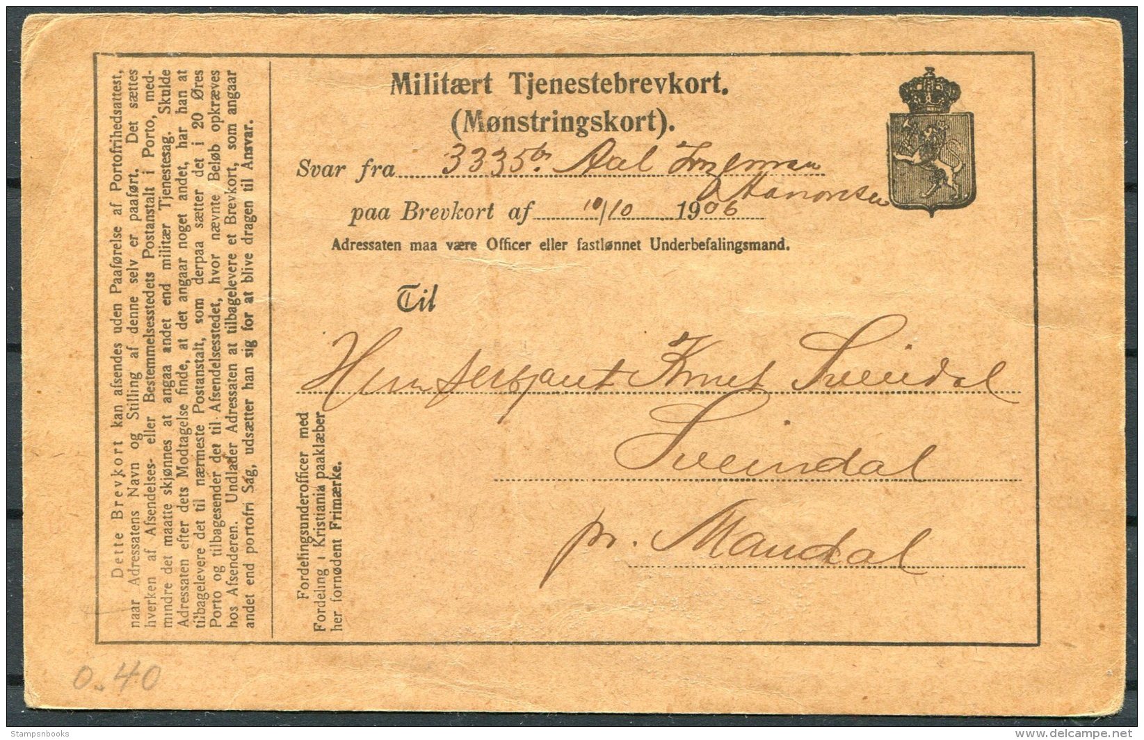 1906 Norway Military Stationery Postcard. Militaert Tjenesbrevkort - Covers & Documents