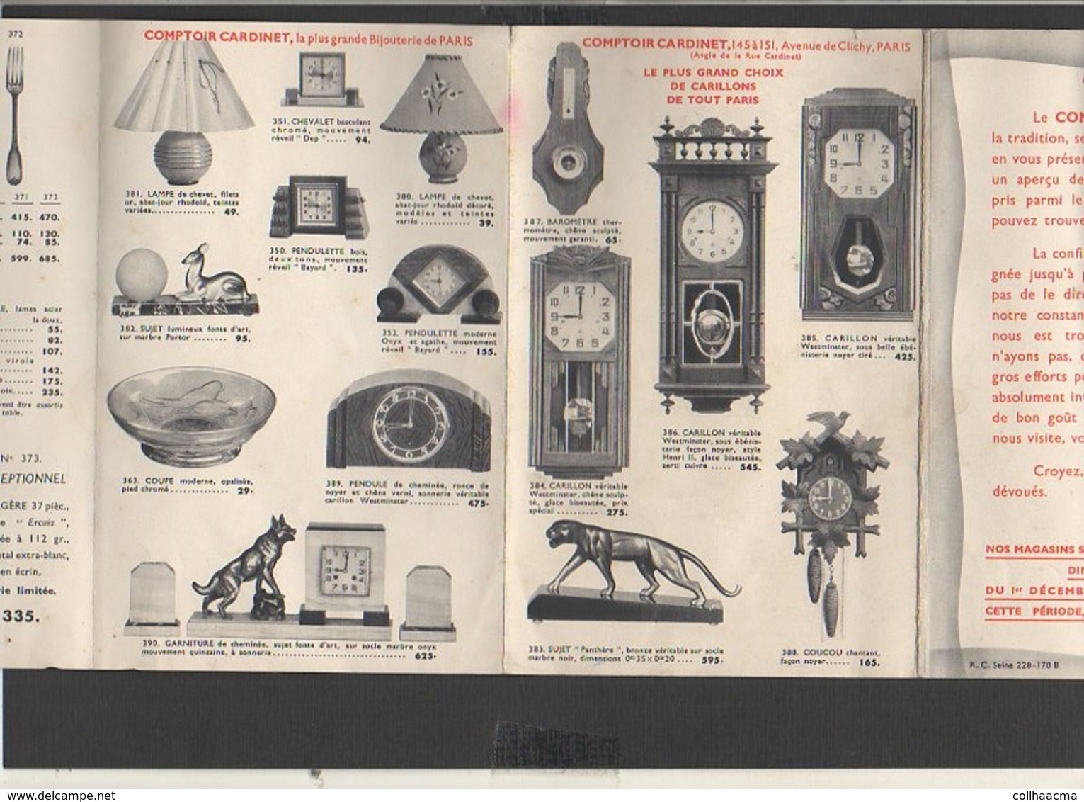 Publicité Env.1930 Catalogue Dépliant "Comptoir Cardinet" Bijouterie,Montres,Orfévrerie,Carillons,pendules,etc. à Paris - Publicités