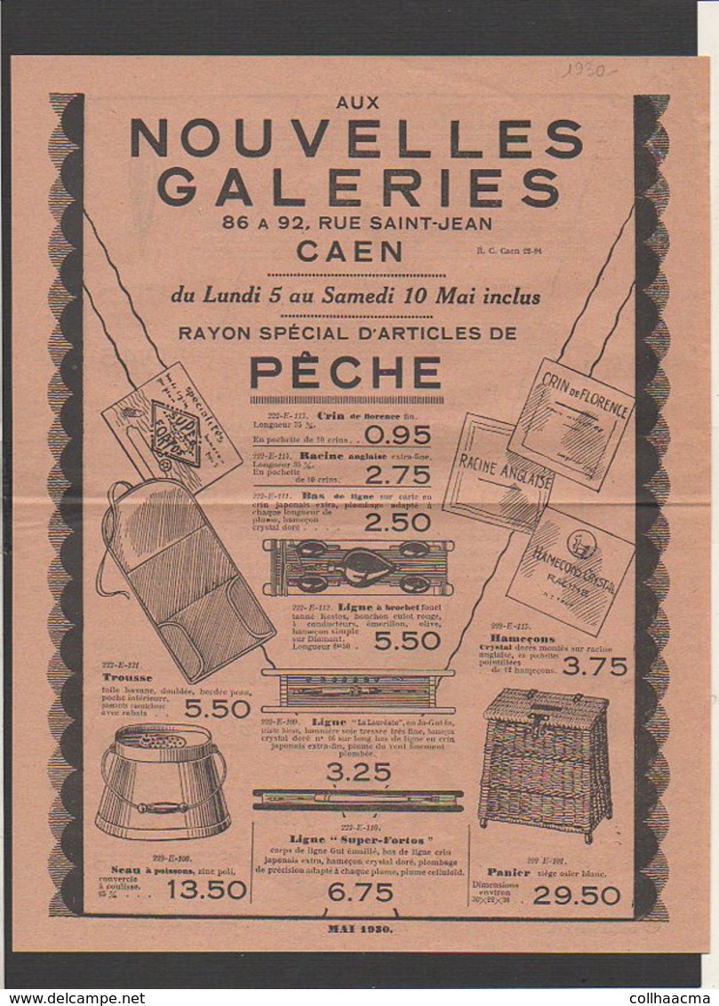 Publicité 1930 Prospectus "Aux Nouvelles Galeries" à Caen Rayon Spécial D'articles De Pêche - Publicités