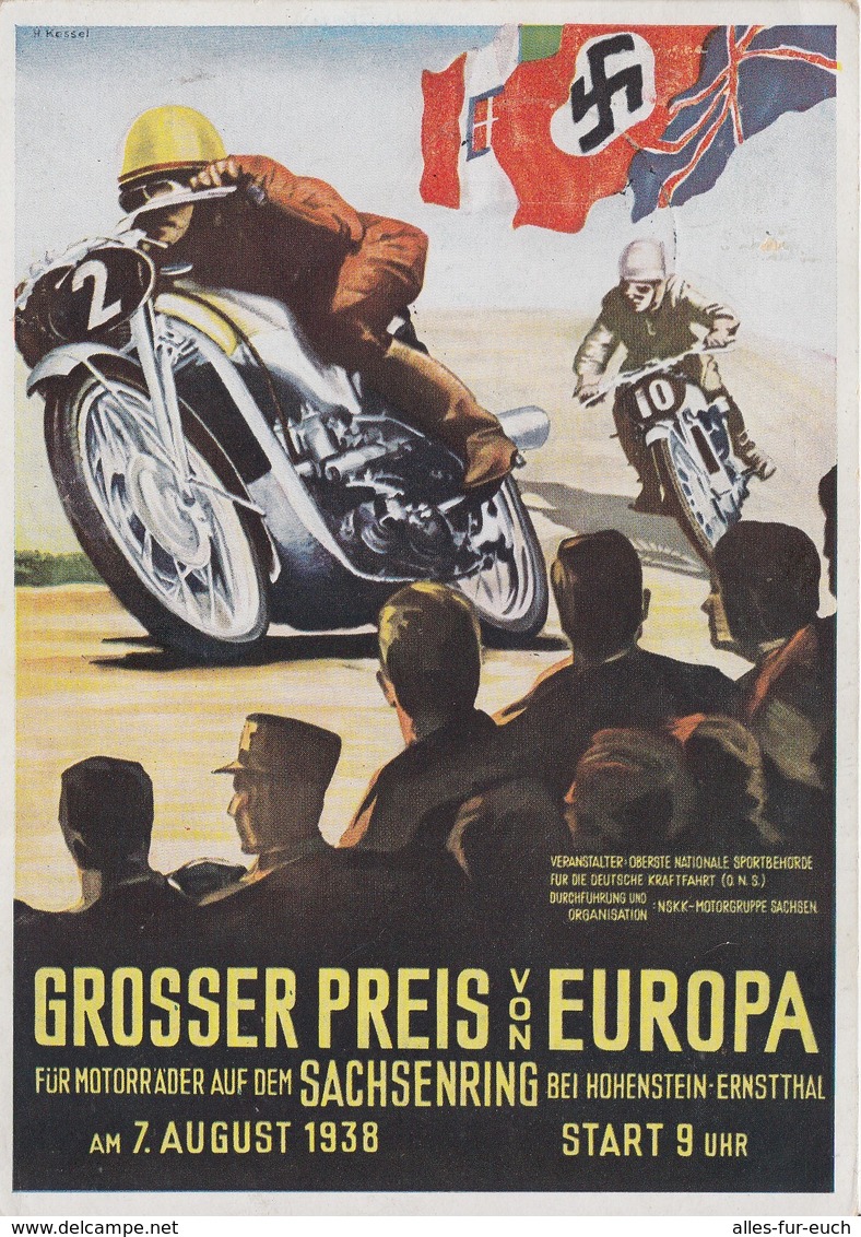 NS Ansichtskarte, Motorradrennen Großer Preis Von Europa, Sachsenring 1938, Bei Hohenstein-Ernstthal, Signiert: H.Kessel - Briefe U. Dokumente