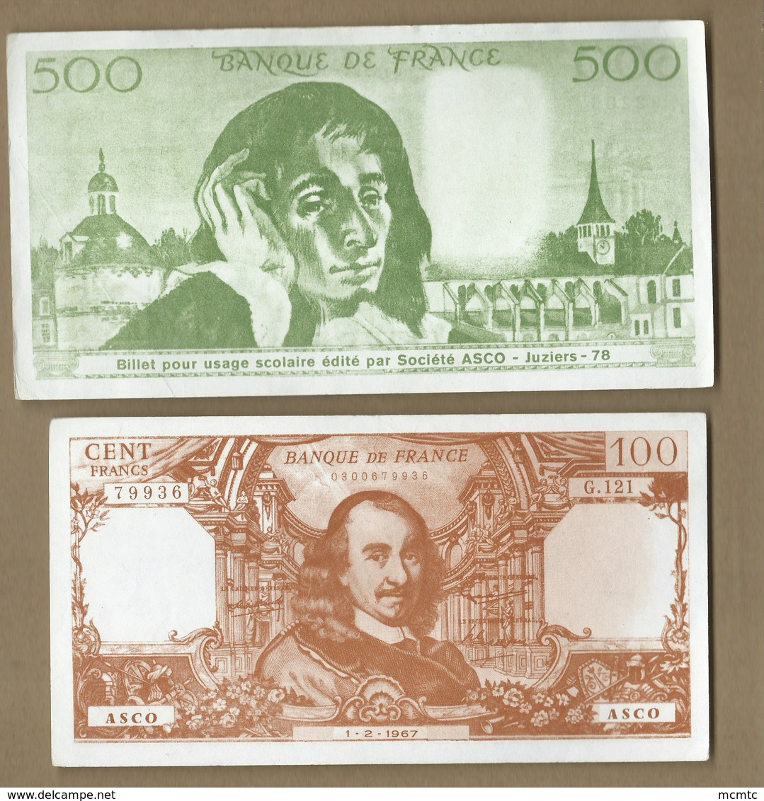 4 Billets Usages Scolaire - Banque De France - (Asco Juziers- Billet , Billets Factice à Usage Scolaire - Fiktive & Specimen