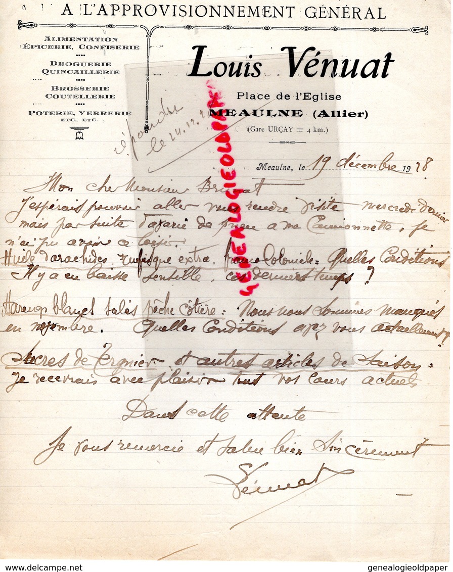 03- MONTLUCON- RARE LETTRE MANUSCRITE SIGNEE LOUIS VENUAT-A L' APPROVISIONNEMENT GENERALE-EPICERIE-PLACE EGLISE-1928 - Petits Métiers