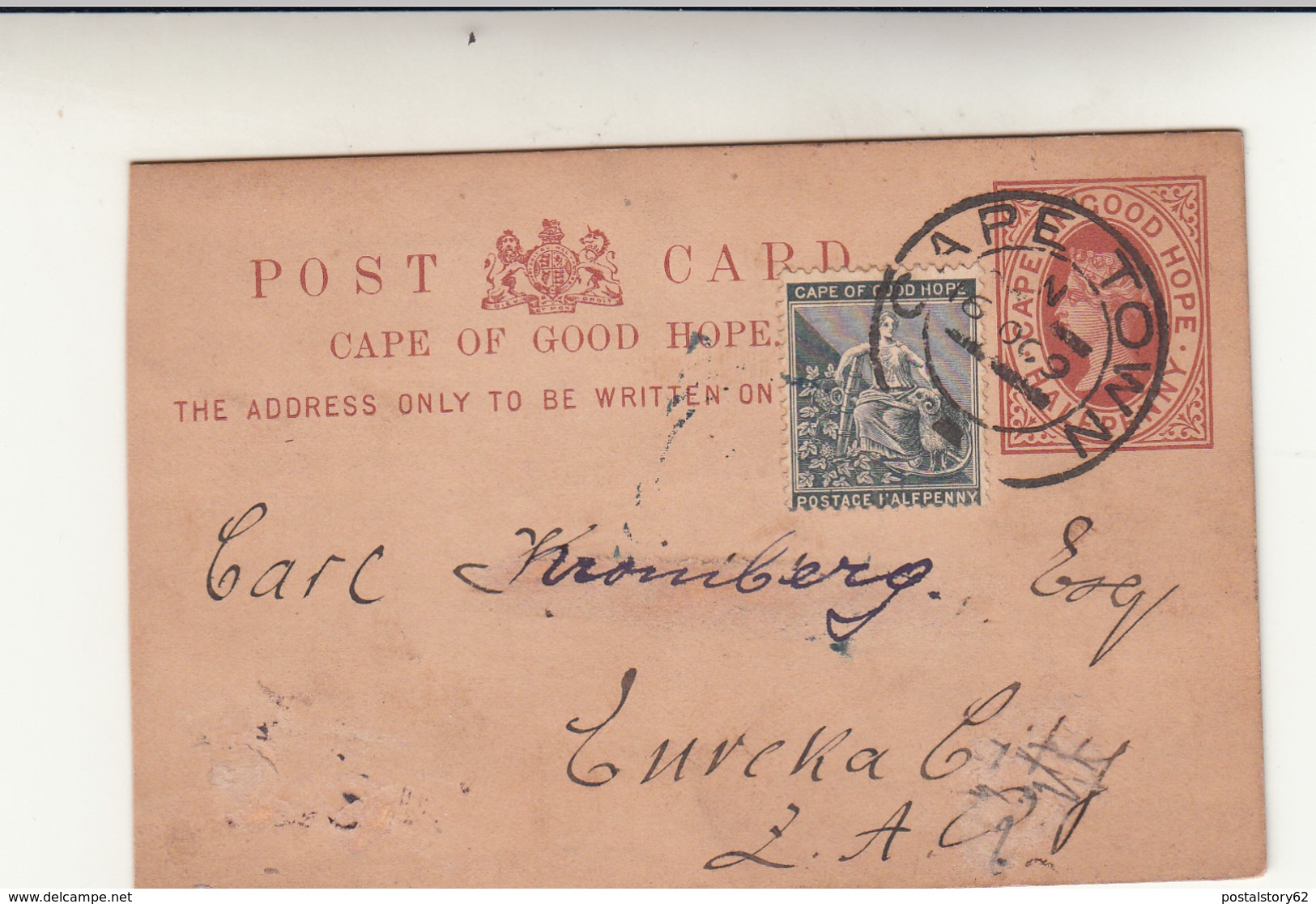 Cape Town To Eureka City California. Cartolina Intero Postale 1891 - Cap De Bonne Espérance (1853-1904)