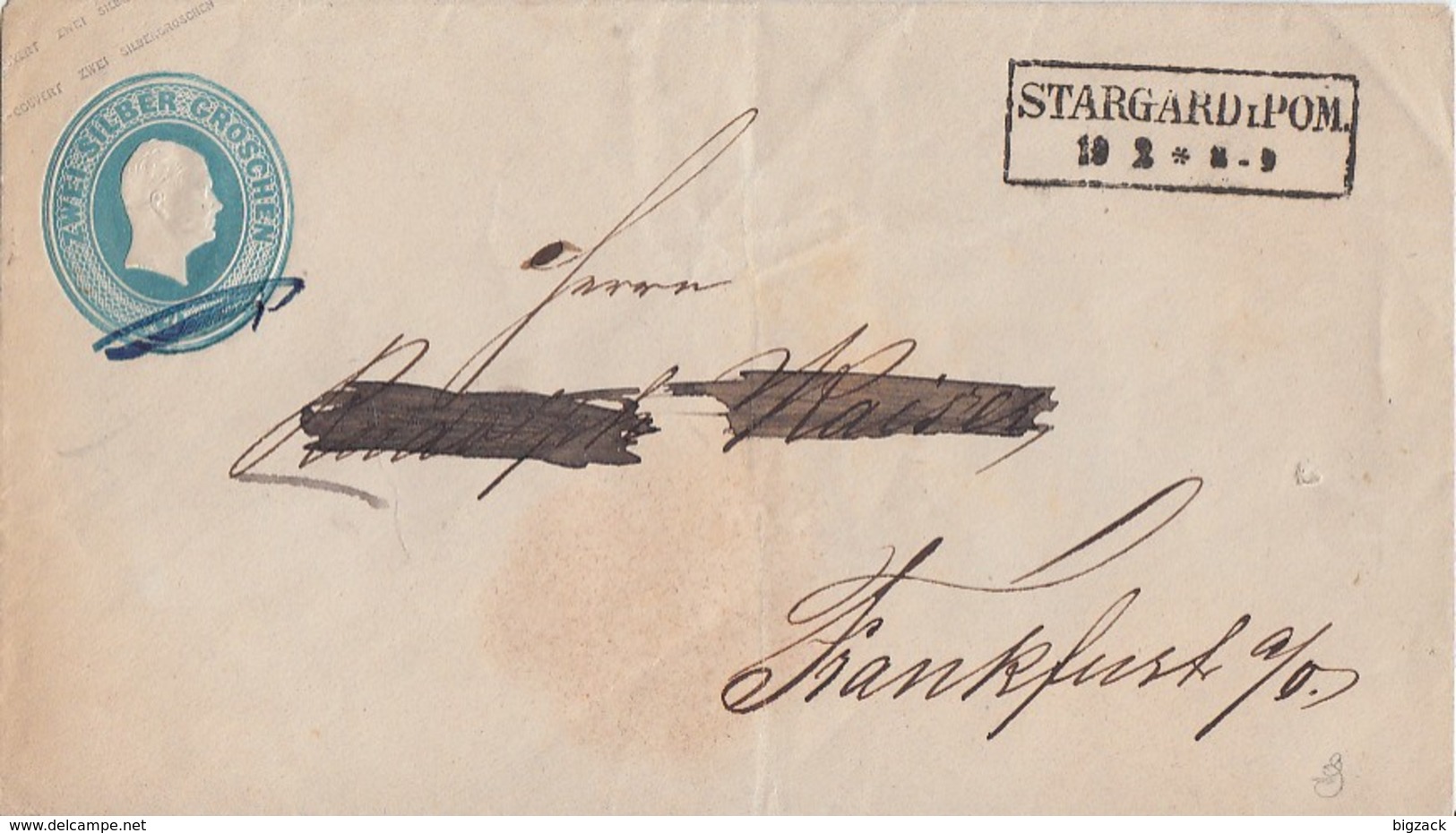 Preussen GS-Umschlag 2 Silb.Gr. R2 Stargard I. Pom. 10.2. Gel. Nach Frankfurt/O. - Postal  Stationery