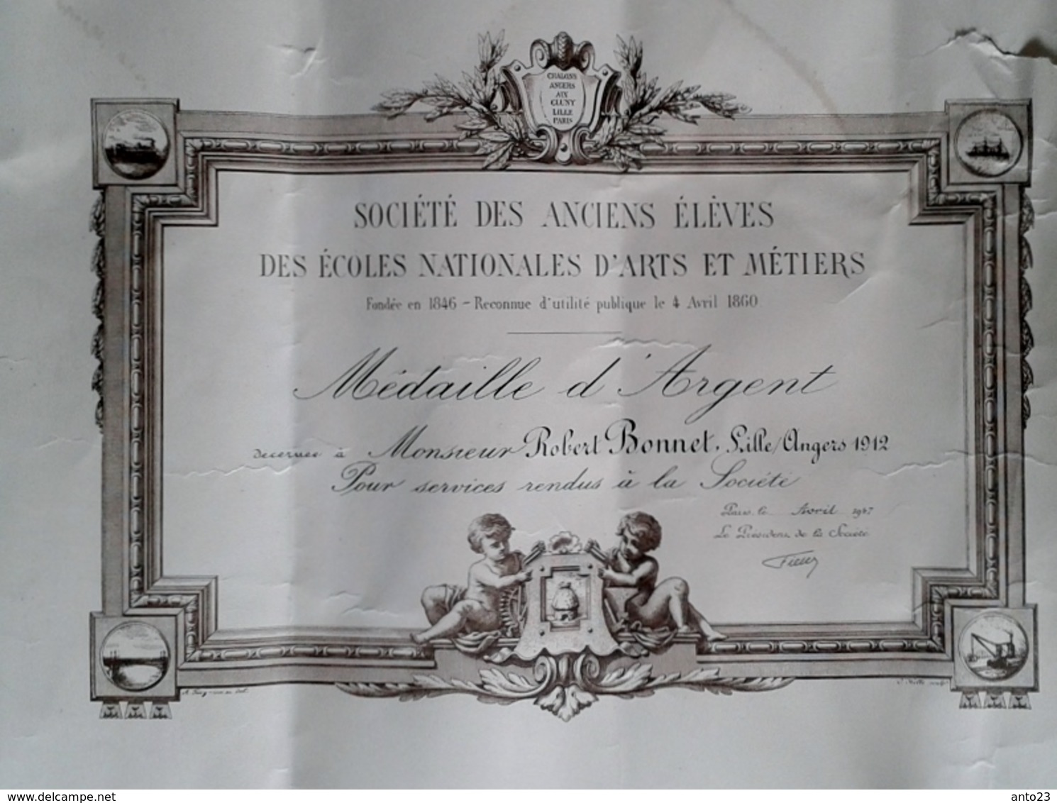 DIPLOME # DIPLÔME SOCIÉTÉS DES ANCIENS ÉLÈVES DE L ECOLE NATIONAL DES ART ET MÉTIER MÉDAILLE D ARGENT 1912 LILLE - Diplômes & Bulletins Scolaires