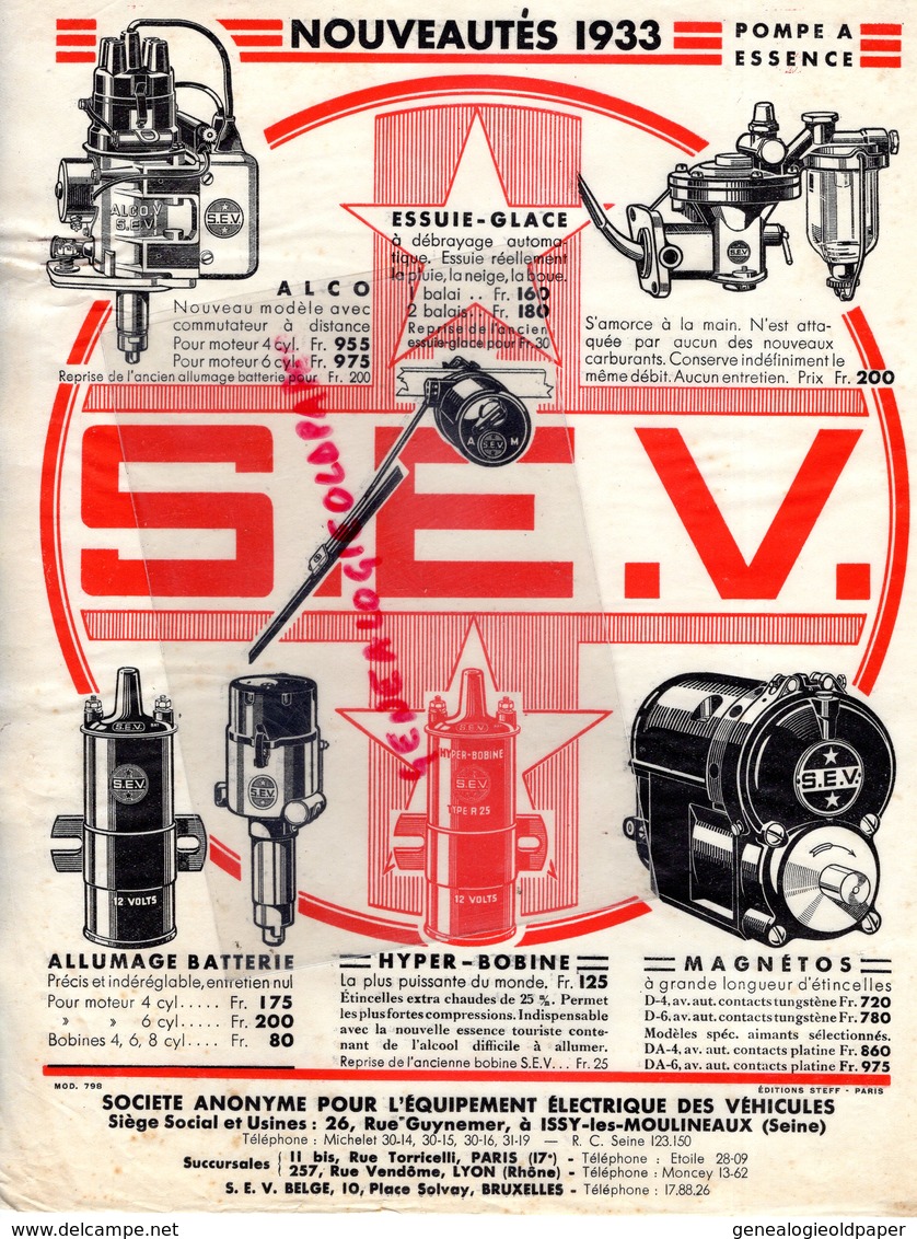 92- ISSY LES MOULINEAUX- PUBLICITE S.A. EQUIPEMENT ELECTRIQUE VEHICULES-26 RUE GUYNEMER- ALCO-MAGNETO-S.E.V.-1933 - Automobil