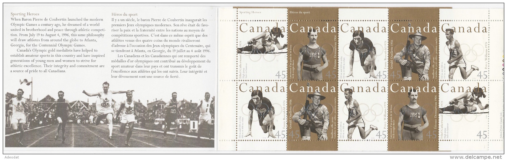 CANADA 1996 CANADIAN OLYMPIC GOLD MEDALISTS SCOTT 1612b BOOKLET PANE OF 10 VALUE US  $11.25 - Pages De Carnets