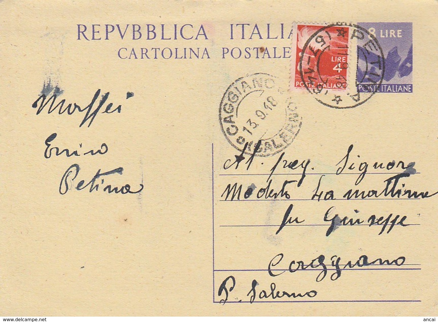 Petina. 1948. Annullo Frazionario (57 - 149) Su Cartolina Postale Con Democratica - 1946-60: Poststempel