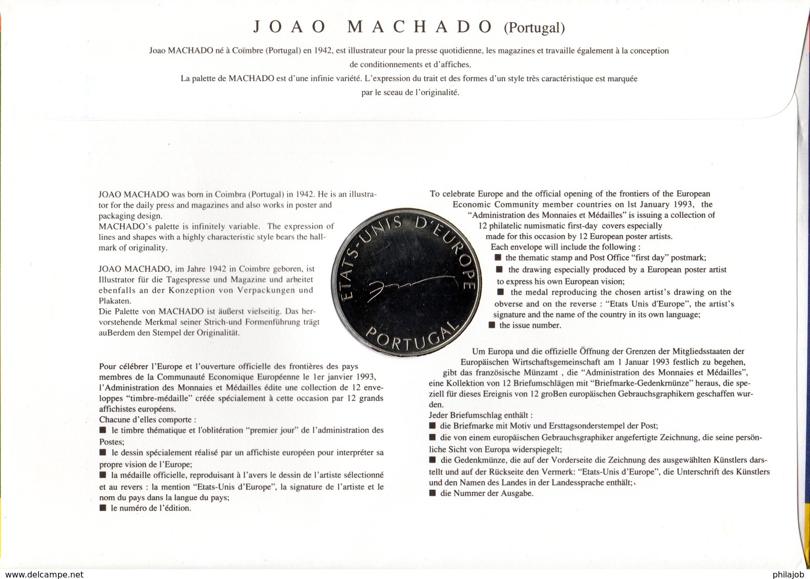 &#9989; FRANCE 1991 : EUROPA / JOAO MACHADO / PORTUGAL Enveloppe Philatélique Numismatique 1er Jour N°tée Parf état EPN - Collections