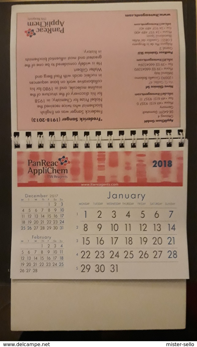 2018. CALENDARIO PanReac AppliChem. - Tamaño Pequeño : 2001-...