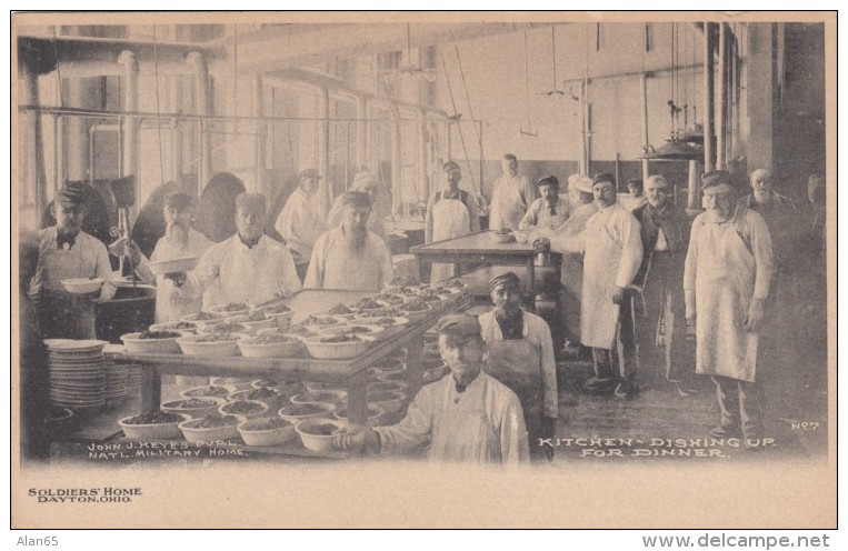 Dayton Ohio, Soldier's Home Kitchen 'Dishing Up For Dinner' Men Serve Food, C1900s Vintage Albertype Postcard - Dayton