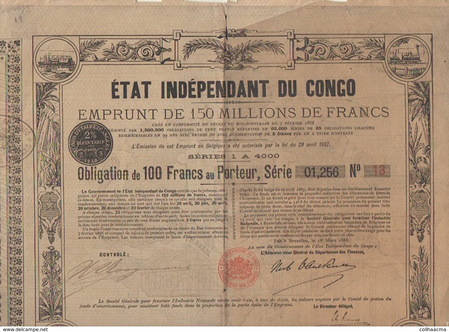 Action 1888 : Emprunt Etat Indépendant Du Congo : Obligation De 100 Francs Au Porteur - Afrique