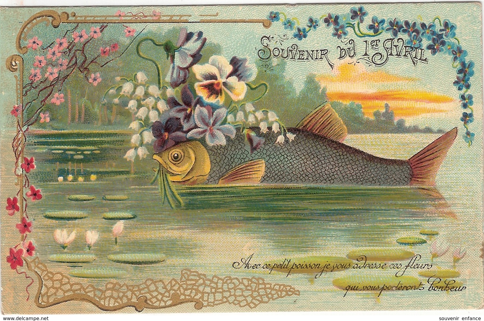 CP Souvenir Du 1 Er Avril Avec Ce Petit Poisson Je Vous Adresse Ces Fleurs Qui Vous Porteront Bonheur - April Fool's Day