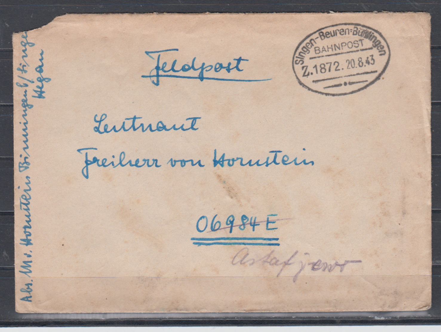 Dt.Reich II.WK Feldpostbrief Bahnpost-o Singen-Beuren-Büßlingen Z.1872 20.8.43 An Empfänger Mit FP-Nummer - Storia Postale