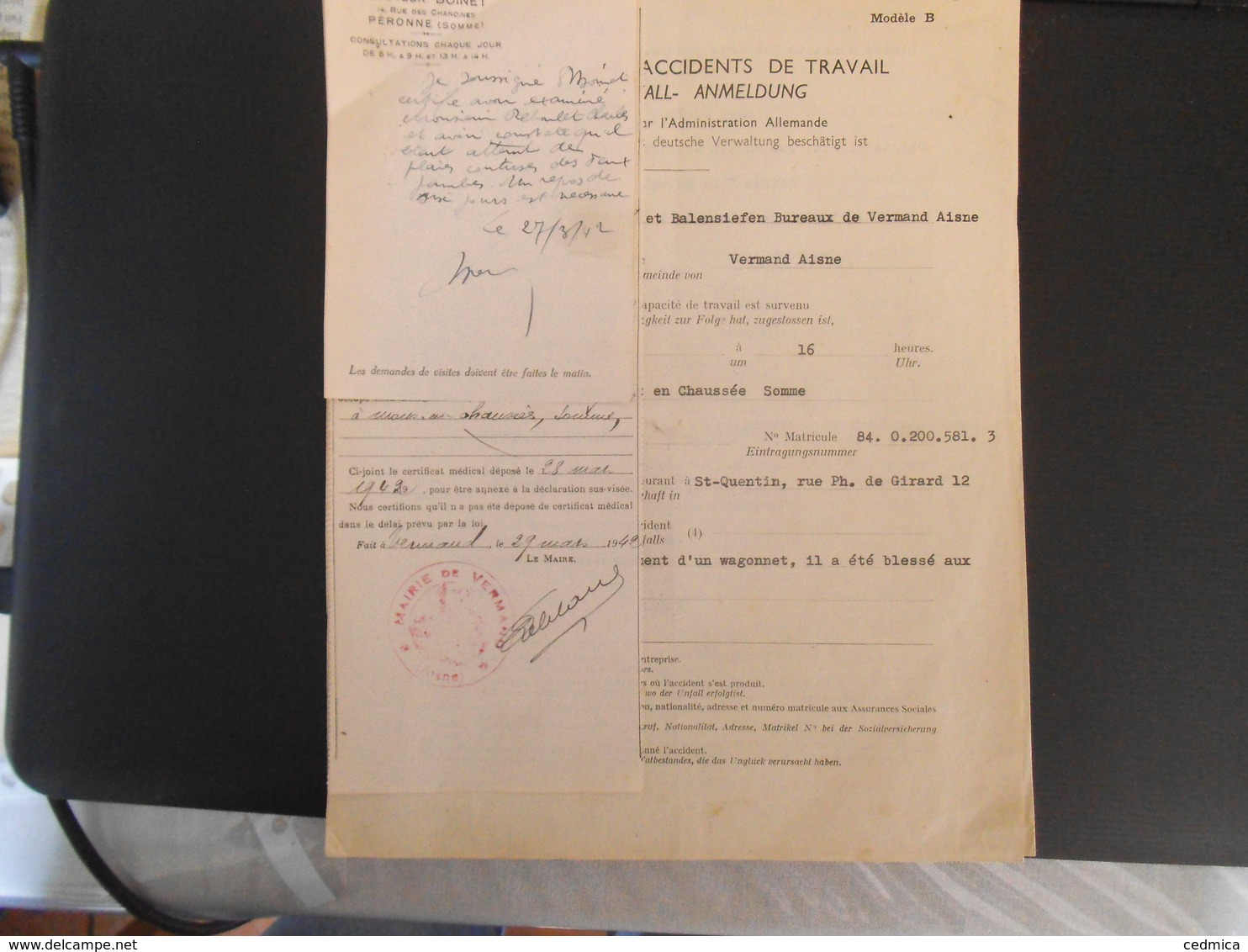 ARBEITSUNFALL-ANMELDUNG PERSONNEL OCCUPE PAR L'ADMINISTRATION ALLEMANDE MODELE B ET C 30 MARS 1942 VERMAND PERONNE - Documents Historiques