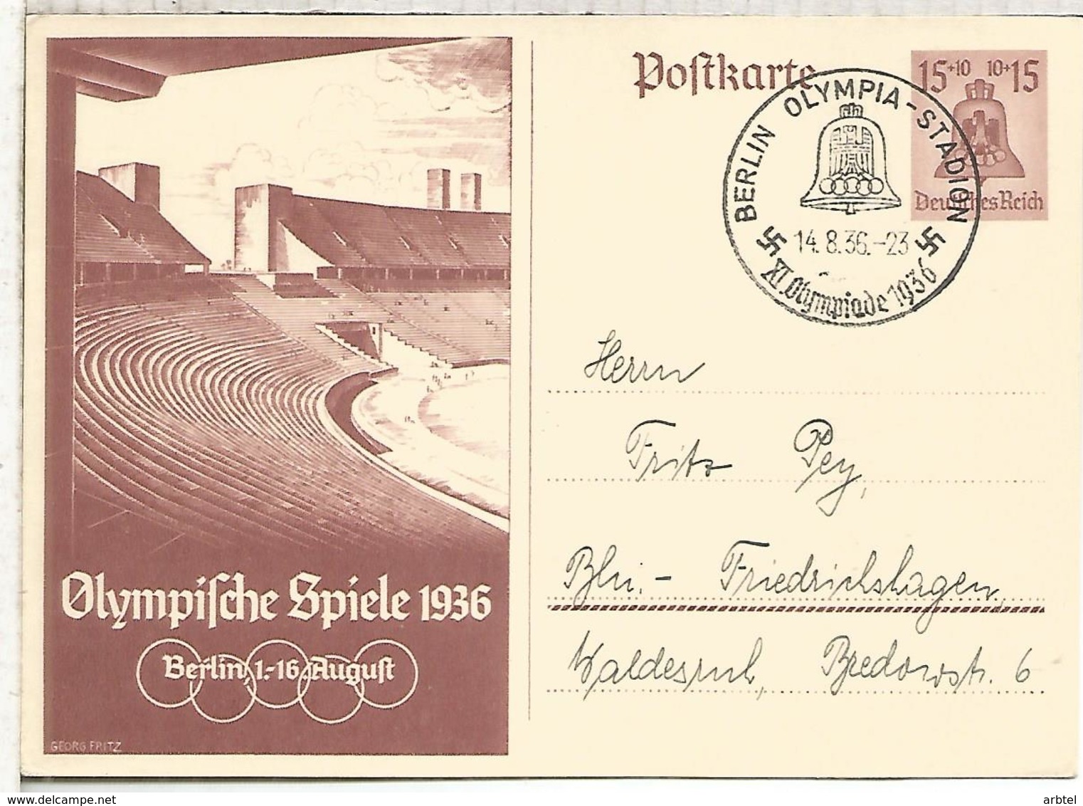 ALEMANIA 1936 JUEGOS OLIMPICOS DE BERLIN ENTERO POSTAL CON MAT ESTADIO OLIMPICO - Ete 1936: Berlin