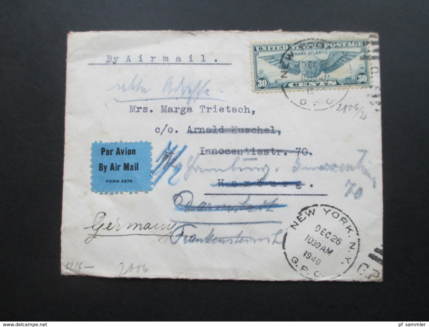 USA 1939 / 40 Flugpostmarke Transatlantikflug New York - Marseille. Air Mail. OKW Zensur. Weitergeleitet / Hands. Vermer - Briefe U. Dokumente