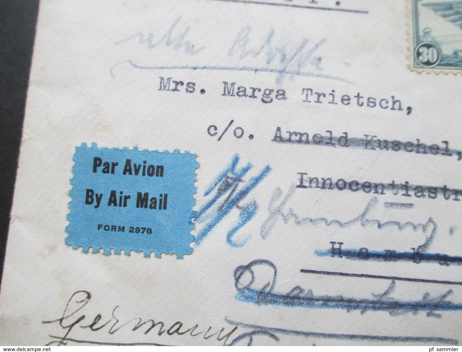 USA 1939 / 40 Flugpostmarke Transatlantikflug New York - Marseille. Air Mail. OKW Zensur. Weitergeleitet / Hands. Vermer - Covers & Documents