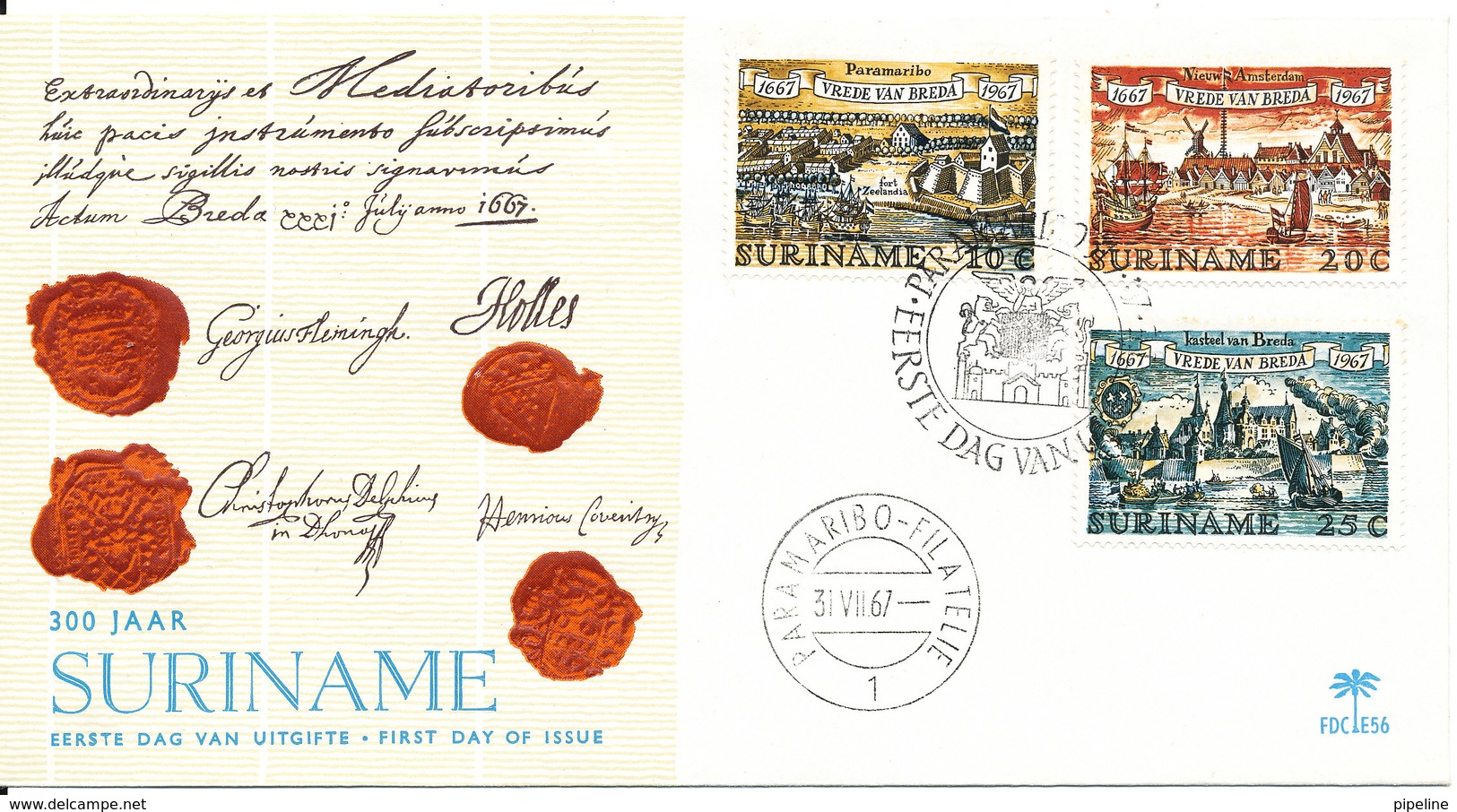 Suriname FDC 31-7-1967 Complete Set Of 3 Peace Of  Breda 1667 With Cachet - Suriname ... - 1975