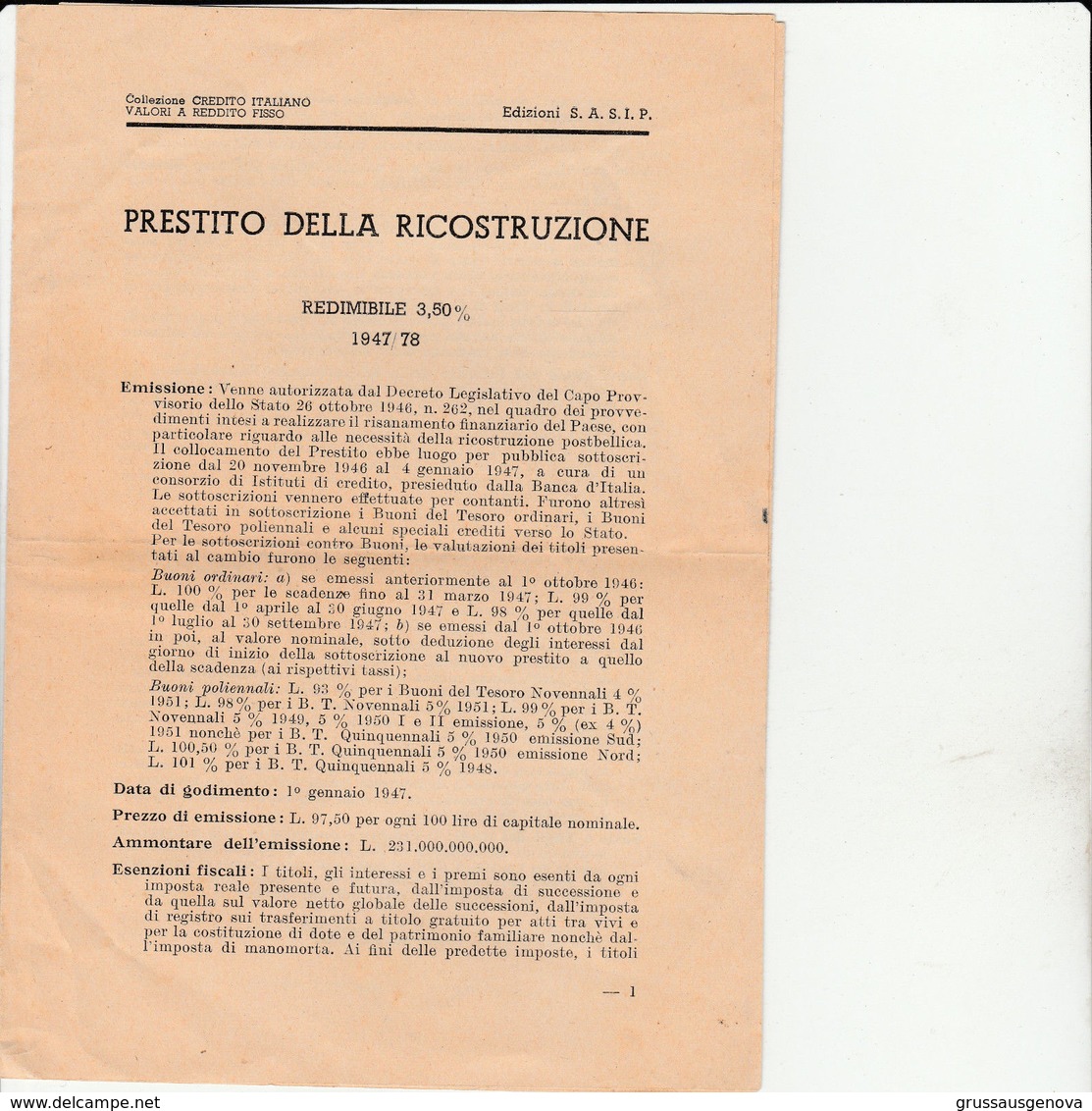 DOC3) 1947 CREDITO ITALIANO PRESTITO ALLA RICOSTRUZIONE REDIMIBILE 3,5 % PROSPET - A - C
