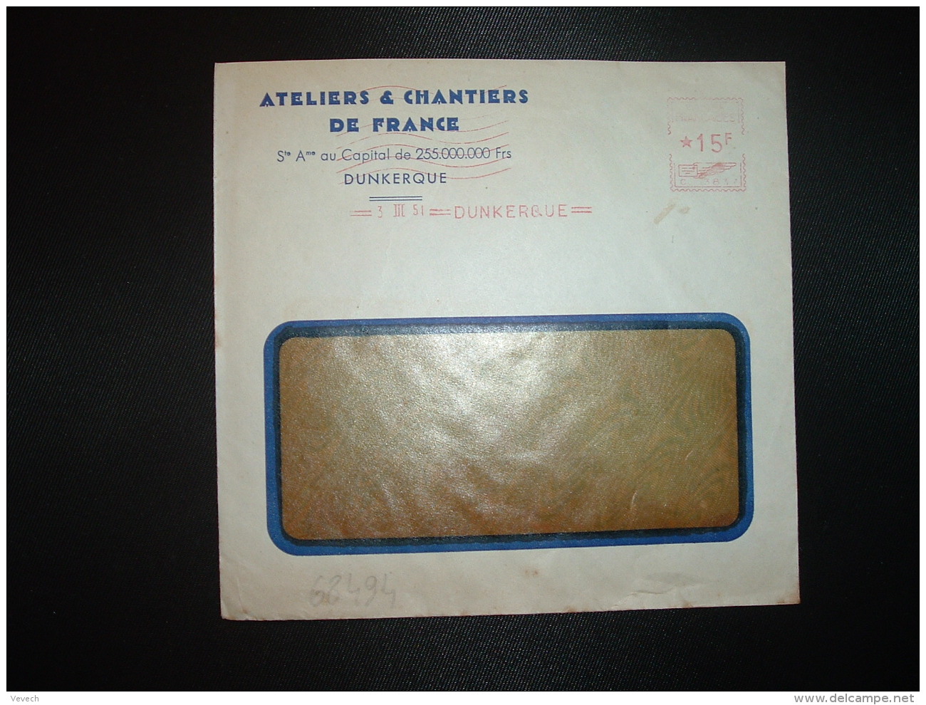 LETTRE EMA C. 3837 à 15F Du 3 III 51 DUNKERQUE (59) ATELIERS &amp; CHANTIERS DE FRANCE - ....-1700: Précurseurs