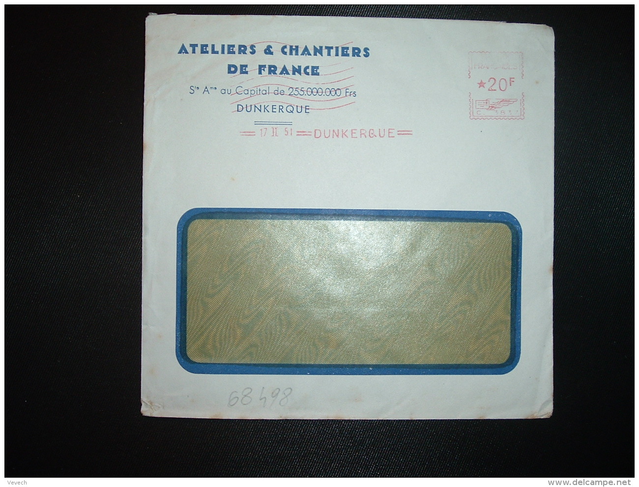 LETTRE EMA C. 3837 à 20F Du 17 II 51 DUNKERQUE (59) ATELIERS &amp; CHANTIERS DE FRANCE - ....-1700: Précurseurs