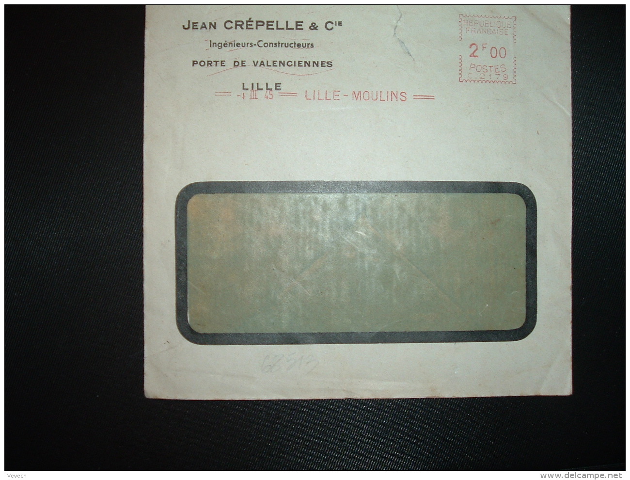 LETTRE EMA C. 2179 à 2F00 Du I III 45 LILLE MOULINS(59) JEAN CREPELLE &amp; Cie Ingénieurs Constructeurs 1ER JOUR TARIF  - ....-1700: Précurseurs