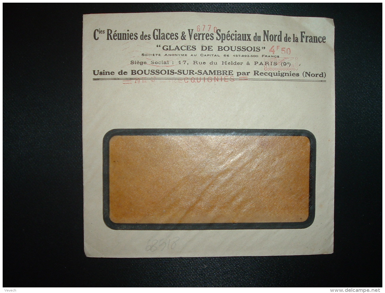 LETTRE EMA C. 0309 à 4F50 Du 29 III 47 RECQUIGNIES (59) GLACES DE BOUSSOIS Cies Réunies Des Glaces &amp; Verres Spéciaux - ....-1700: Précurseurs