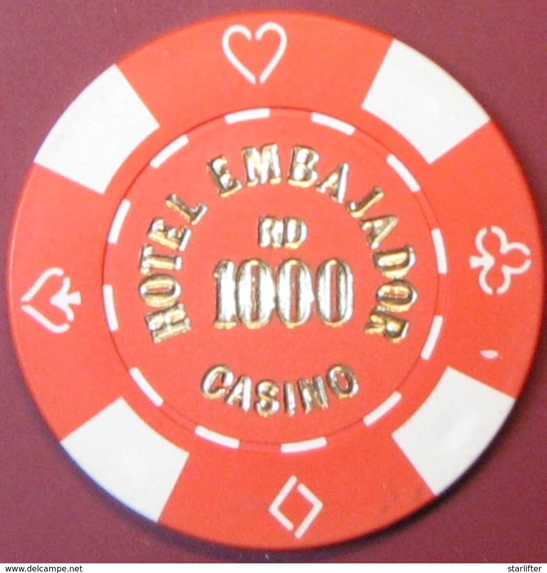 RD1000 Casino Chip. Hotel Embajador, Santo Domingo, Dominican Republic. G80. - Casino